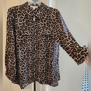 Michael Kors Ladies gold dog tag Zip Front shirt in animal leopard print